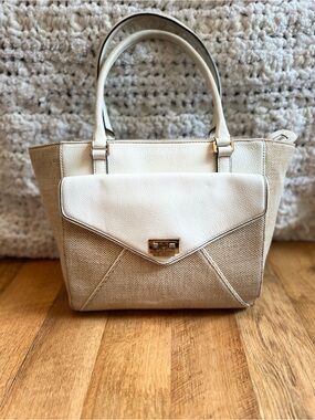 Kate Spade Wesley Place Johanna handbag - beige woven tweed body, white leather
